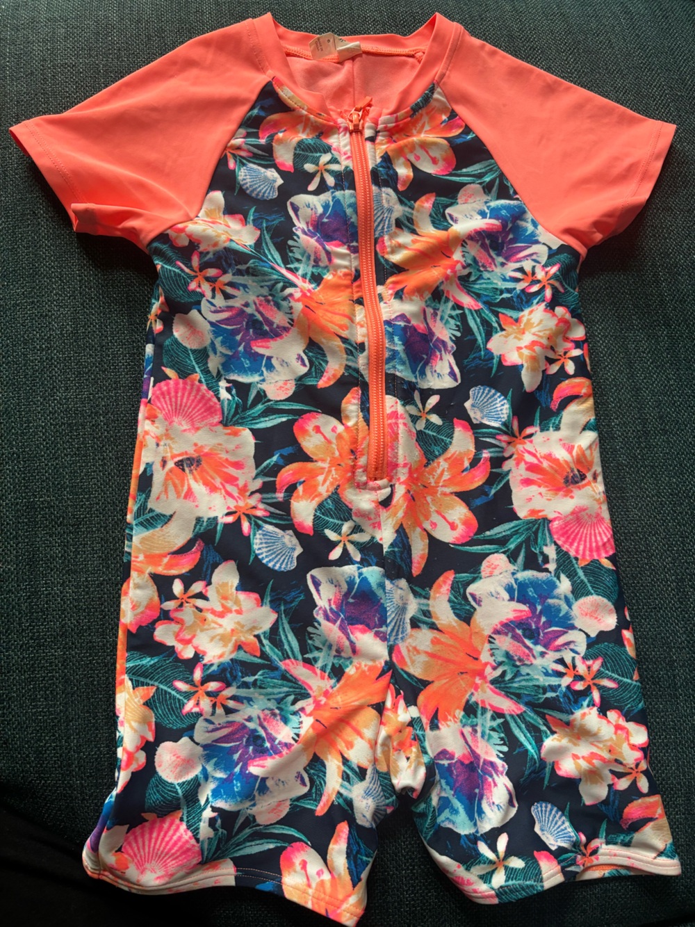 Ideology Kids Floral One-Piece in Neon Coral and Navy